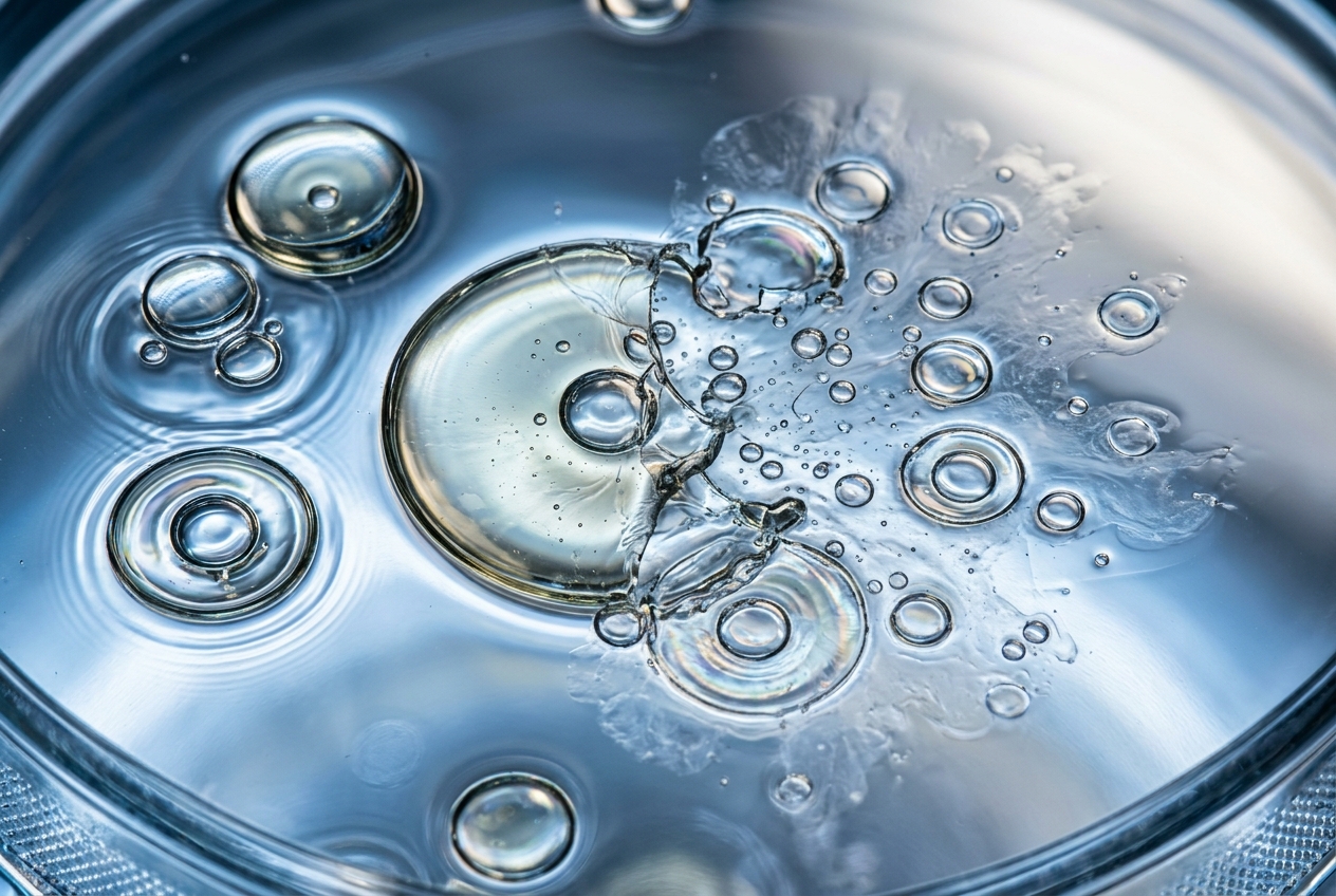 Abstract macro photography of oil droplets dissolving and fragmenting in water.