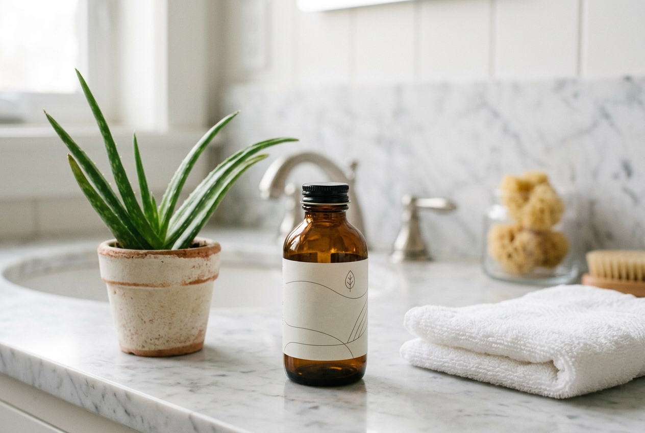 An amber glass supplement bottle resting on a marble counter next to a potted aloe plant.