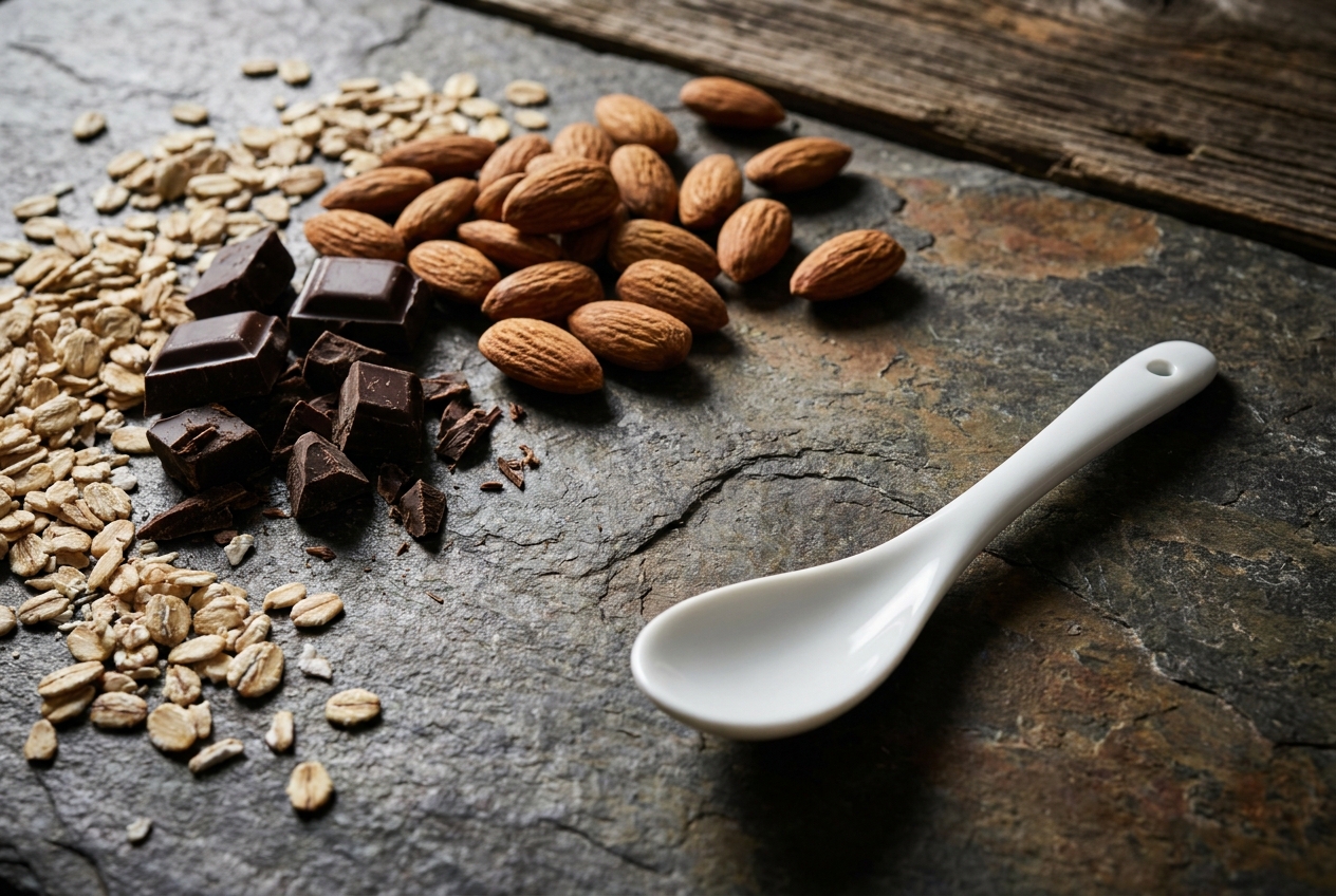 Raw almonds, dark chocolate, and oats scattered on a dark slate countertop.