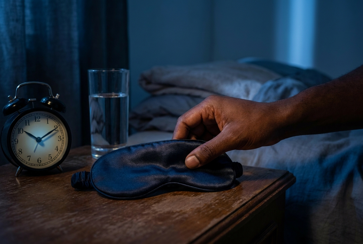 A hand reaching for a sleep mask on a bedside table next to a glass of water.