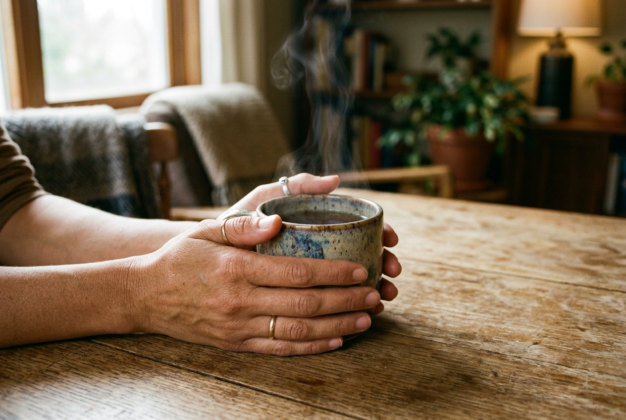 Close-up of hands with warm olive skin holding a hot mug of tea on a ceramic table.