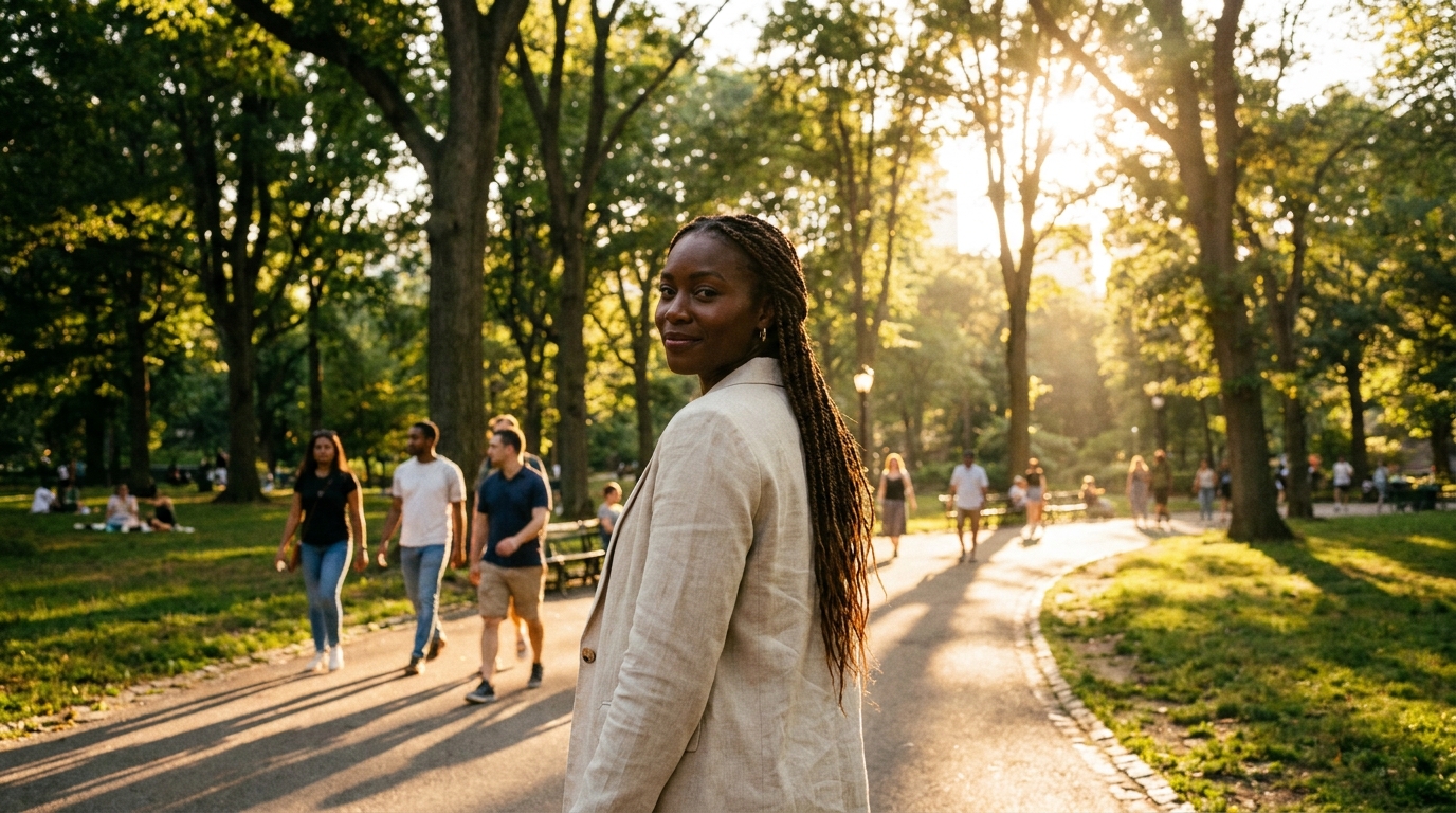 A confident woman with natural braids smiling while walking outdoors in warm sunlight.