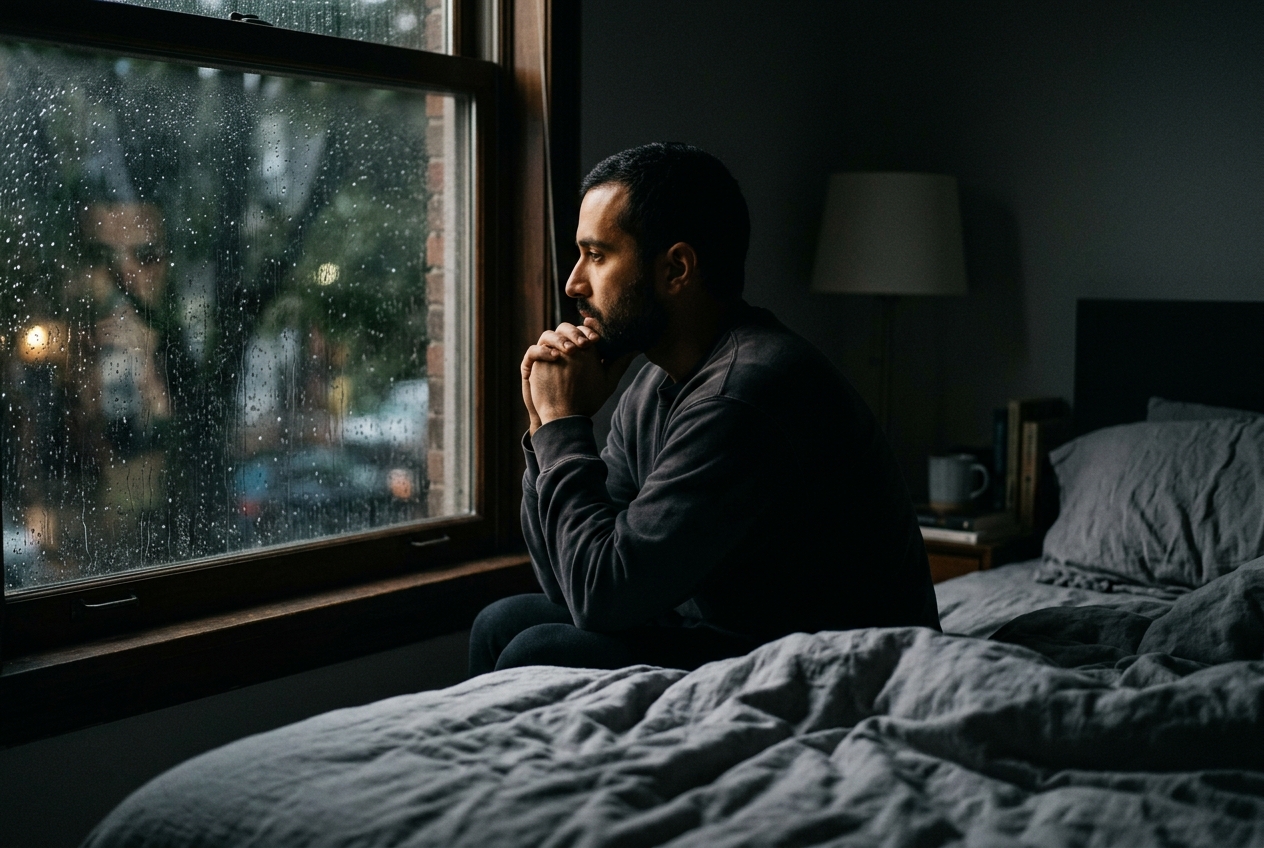 A man's silhouette looking thoughtfully out of a rain-flecked window in a dimly lit room.