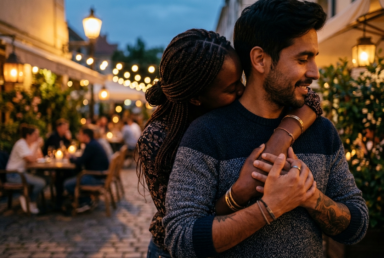 Close-up of a diverse couple sharing a warm, affectionate embrace outdoors at dusk.