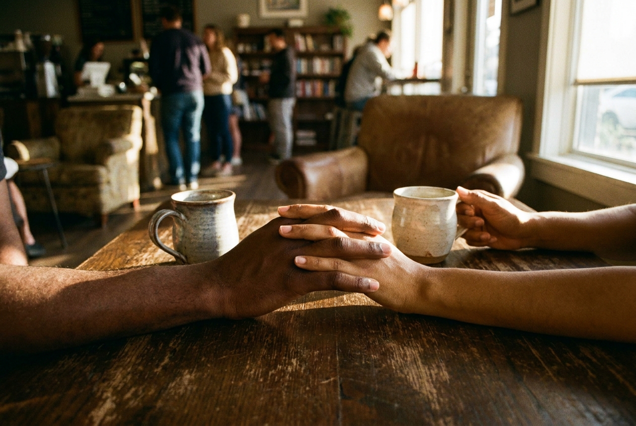 Two pairs of hands resting near each other on a cafe table next to coffee mugs.