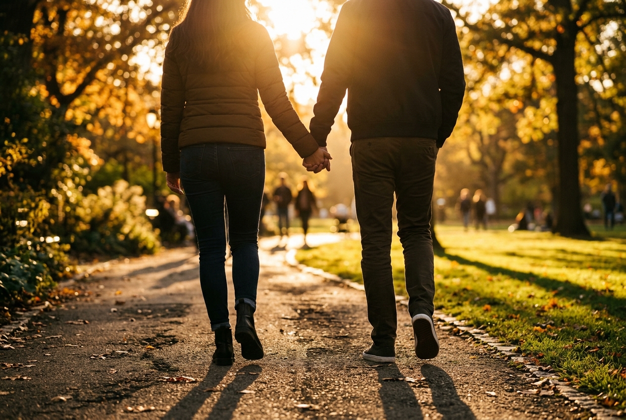 Silhouette of a couple holding hands while walking through a sunlit park.
