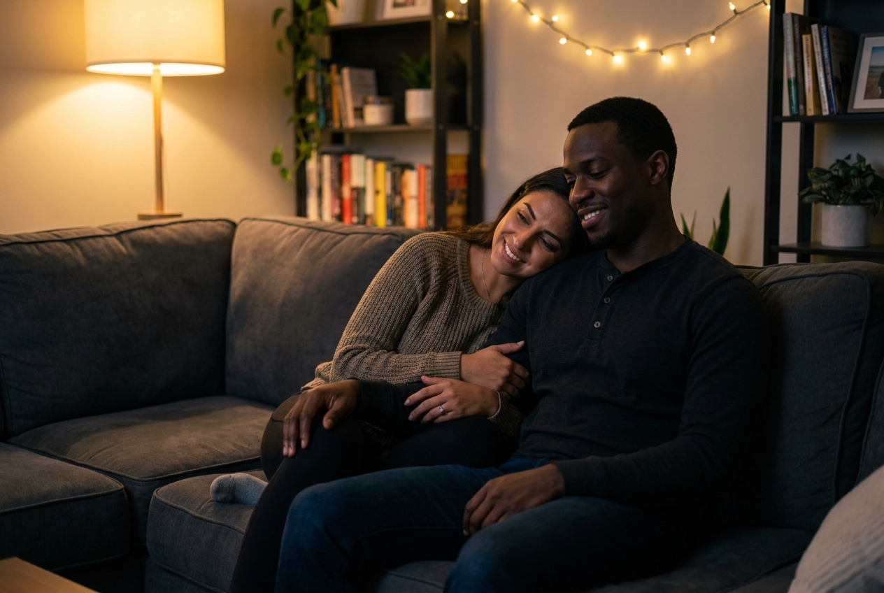 A couple relaxing comfortably together on a couch in a softly lit living room.