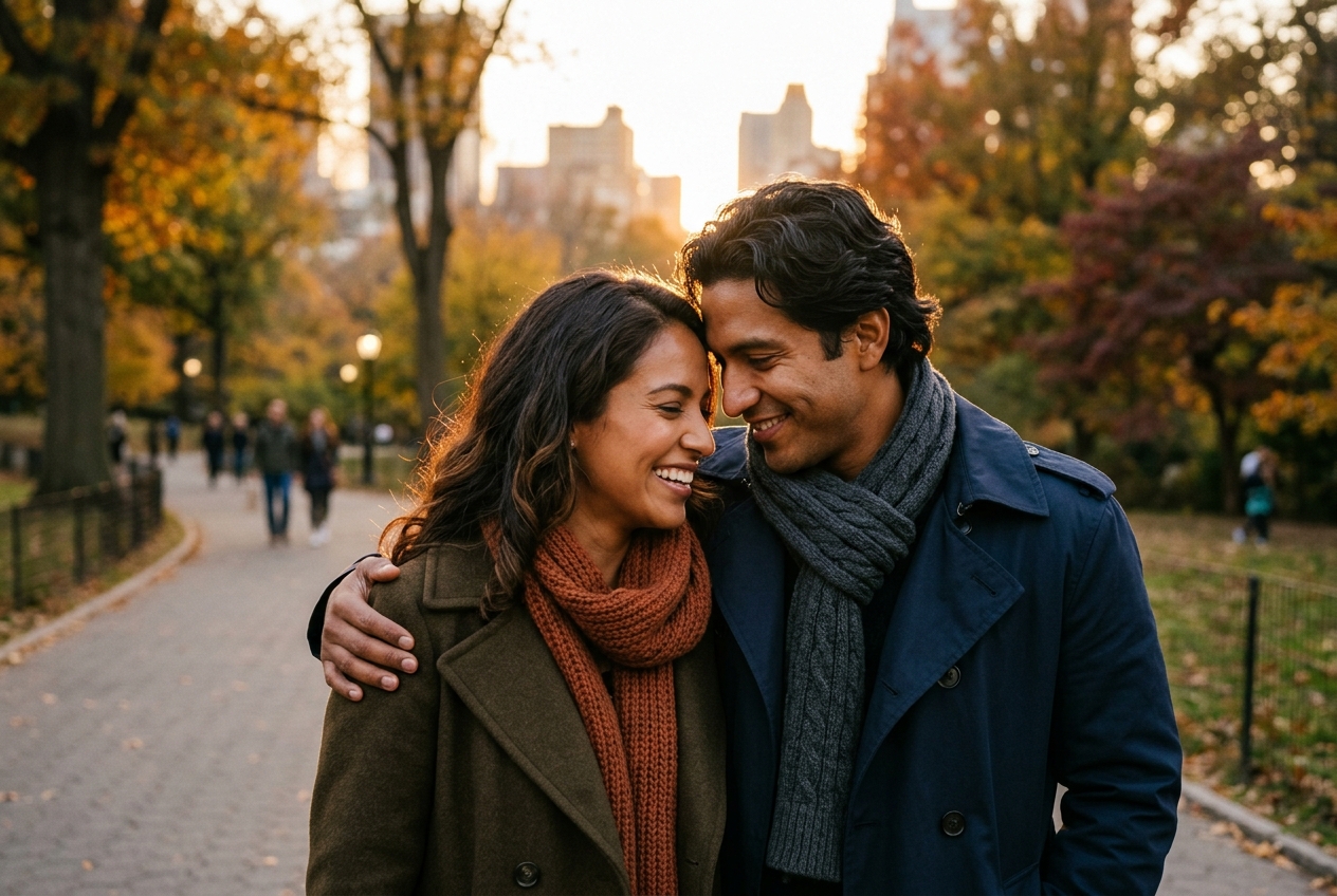A smiling couple walking closely together in a park during golden hour.