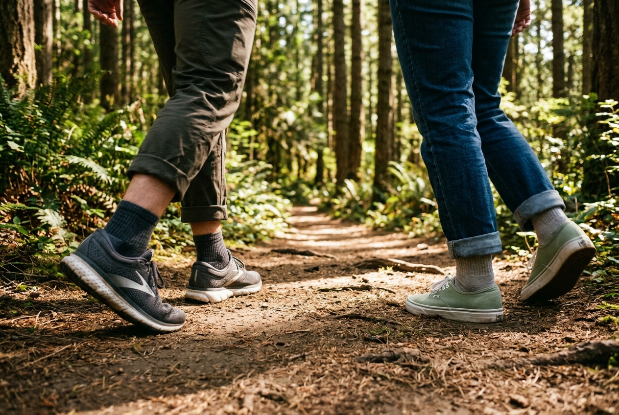 Low angle shot of two pairs of running shoes walking together on a sunlit forest trail.