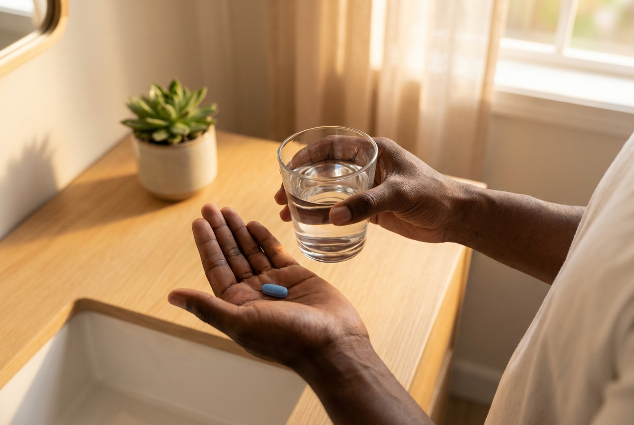 A close up of a person's hands holding a glass of water and a daily pill over a bathroom sink.