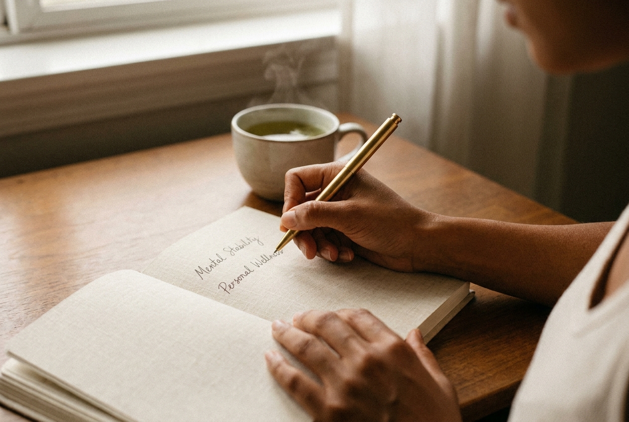 Bronze-skinned hands holding a pen and writing in a linen-bound journal.