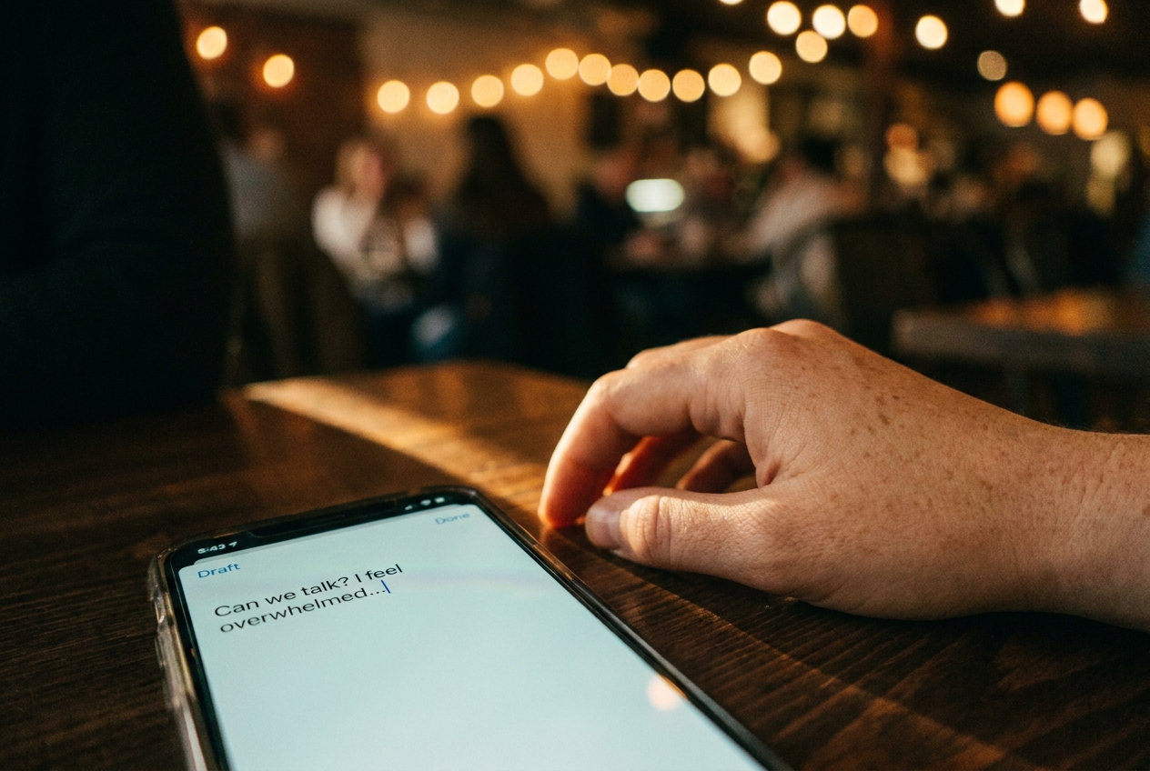 A limp hand resting next to a glowing smartphone on a dark wooden table.