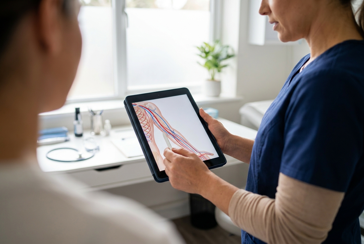 A medical provider showing an anatomical chart on a tablet in a clinical setting.