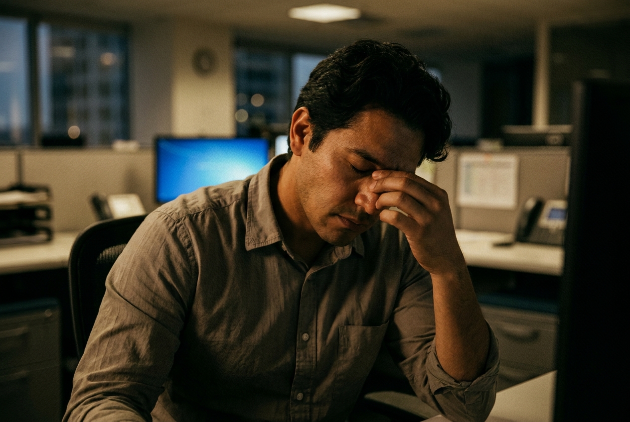 A man sitting at a desk rubs his temples with his eyes closed in a moment of exhaustion.