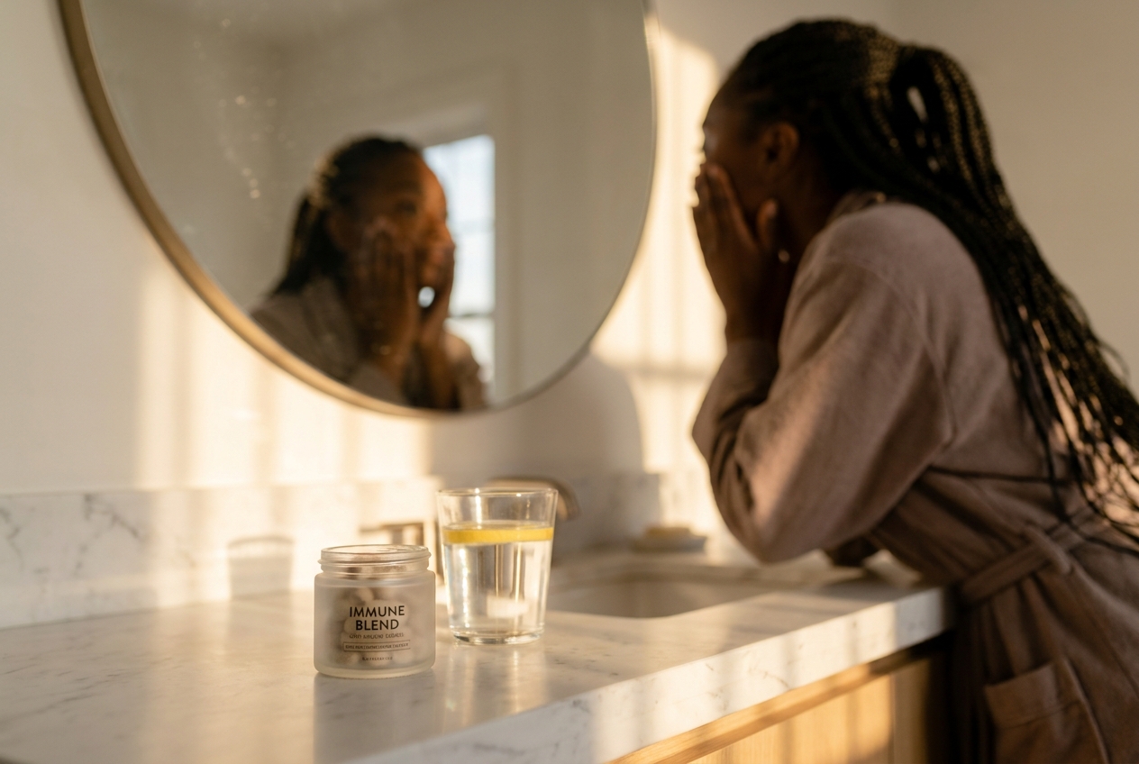 A frosted glass bottle of supplements and a glass of water on a marble counter.