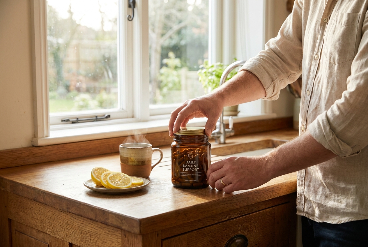 A wellness setup with an amber jar of supplement capsules, a sliced lemon, and green tea on an oak counter.