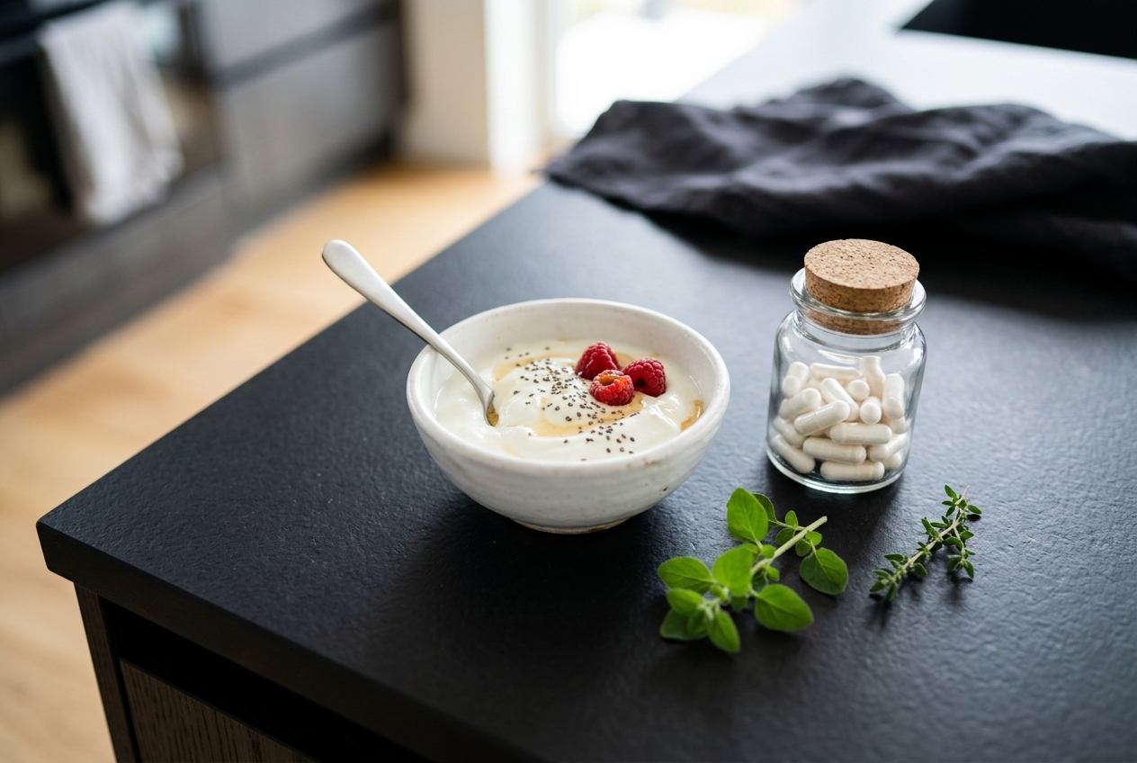 A bowl of plain yogurt and a glass jar of supplement capsules resting on a dark kitchen counter.