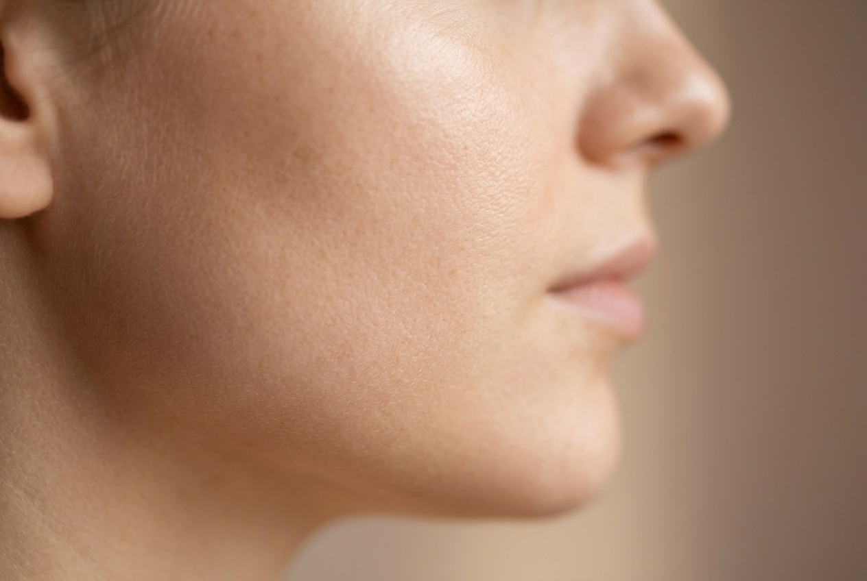 Extreme close up of a person's healthy cheek and jawline skin in soft lighting.