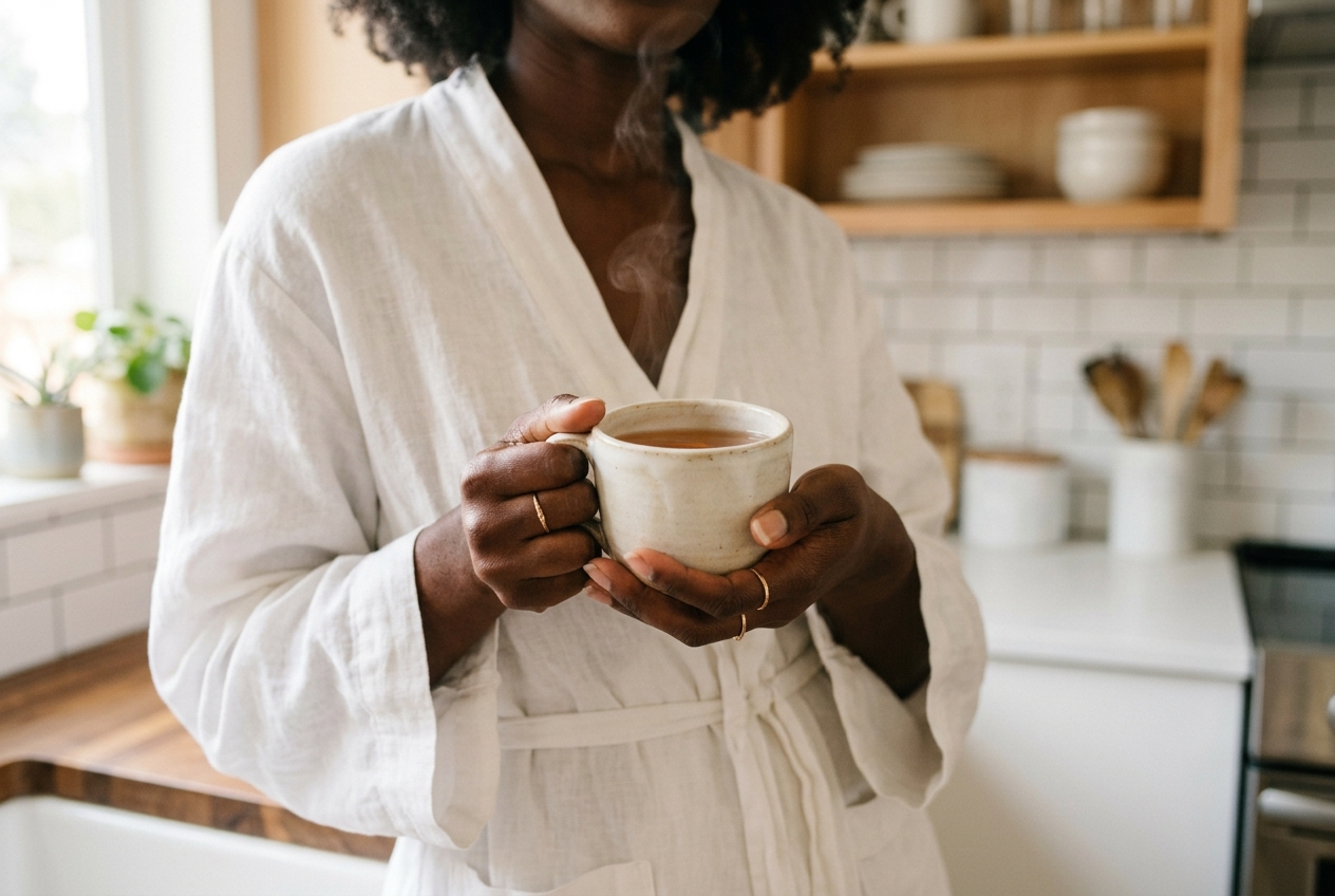 Hands of a woman in a white robe holding a steaming mug of tea in a sunny kitchen.