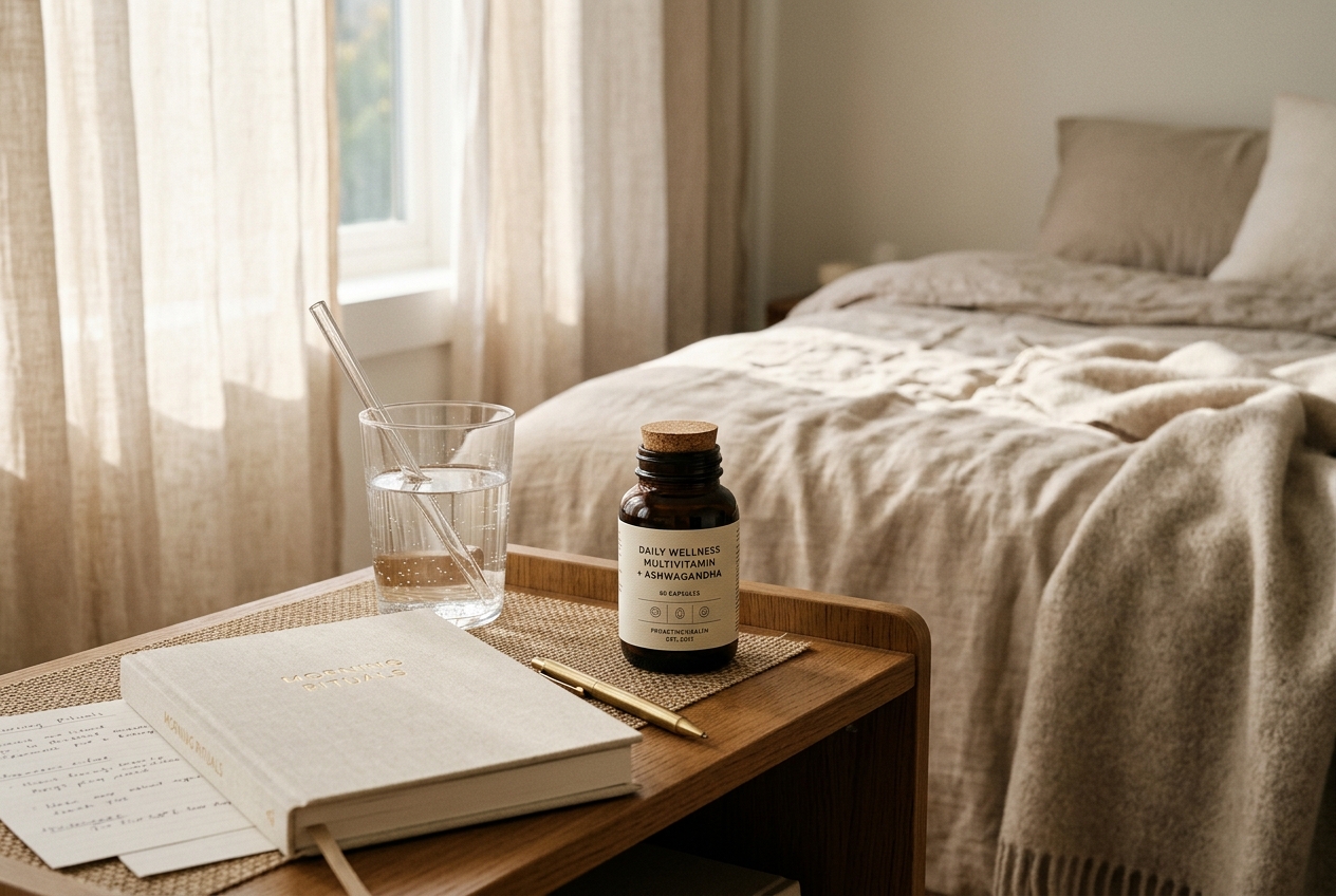 A nightstand with a glass of water, an open journal, and a dark amber supplement bottle.