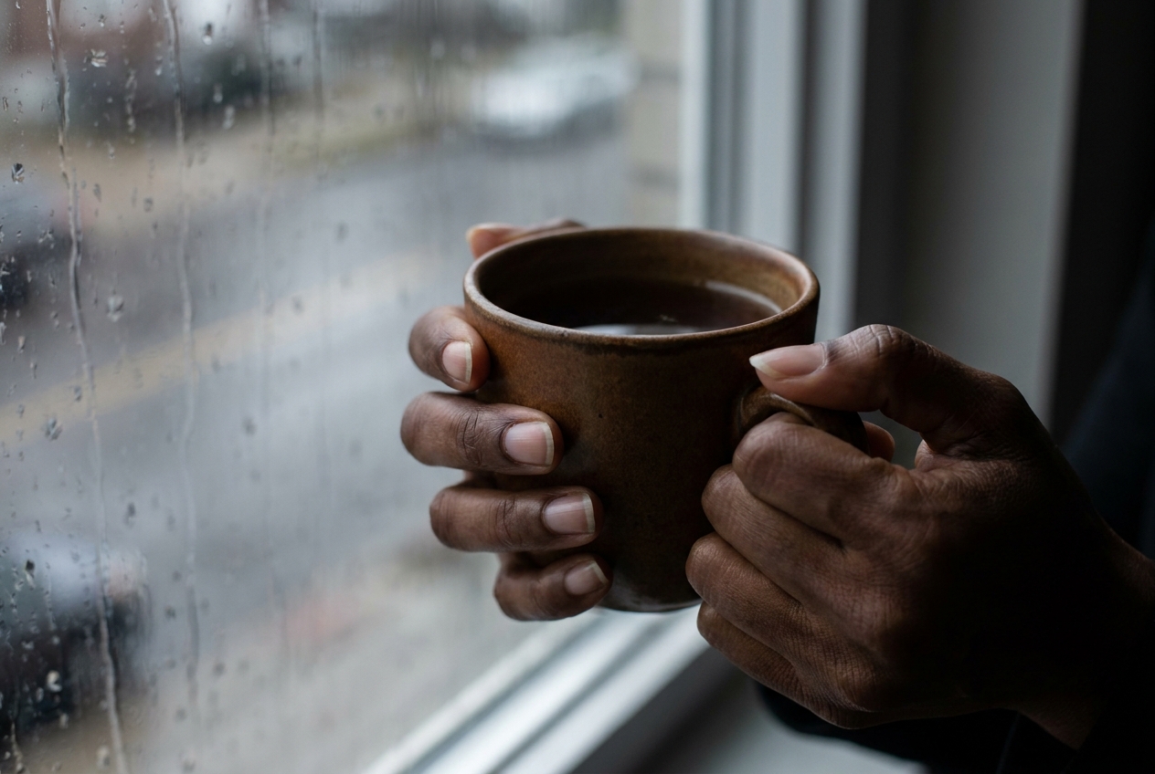 Close-up of hands with deep umber skin tightly gripping a ceramic mug.