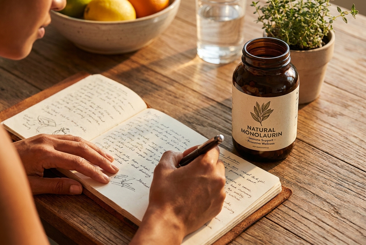Hands writing in a wellness journal next to a natural amber glass supplement bottle on a wooden table.