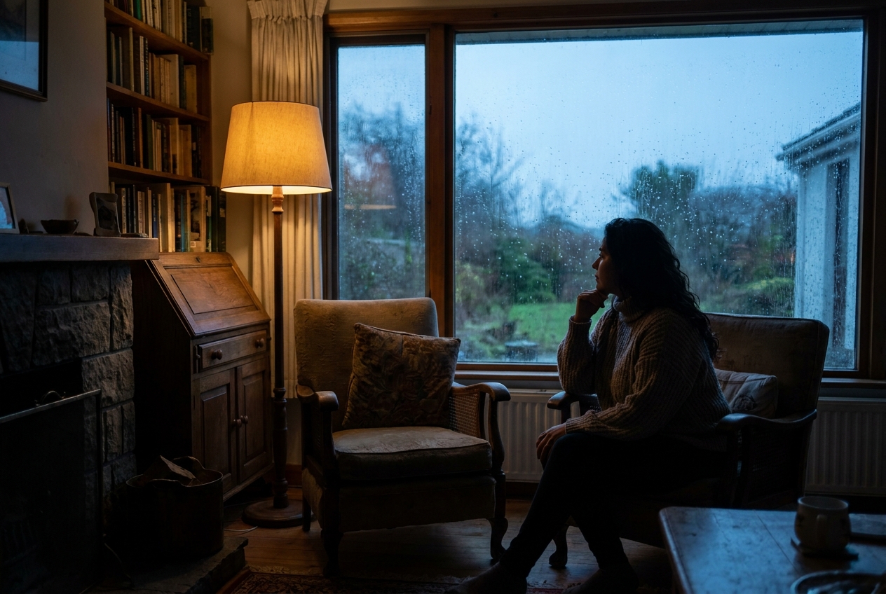 Silhouette of a woman looking out a rain-streaked window thoughtfully.