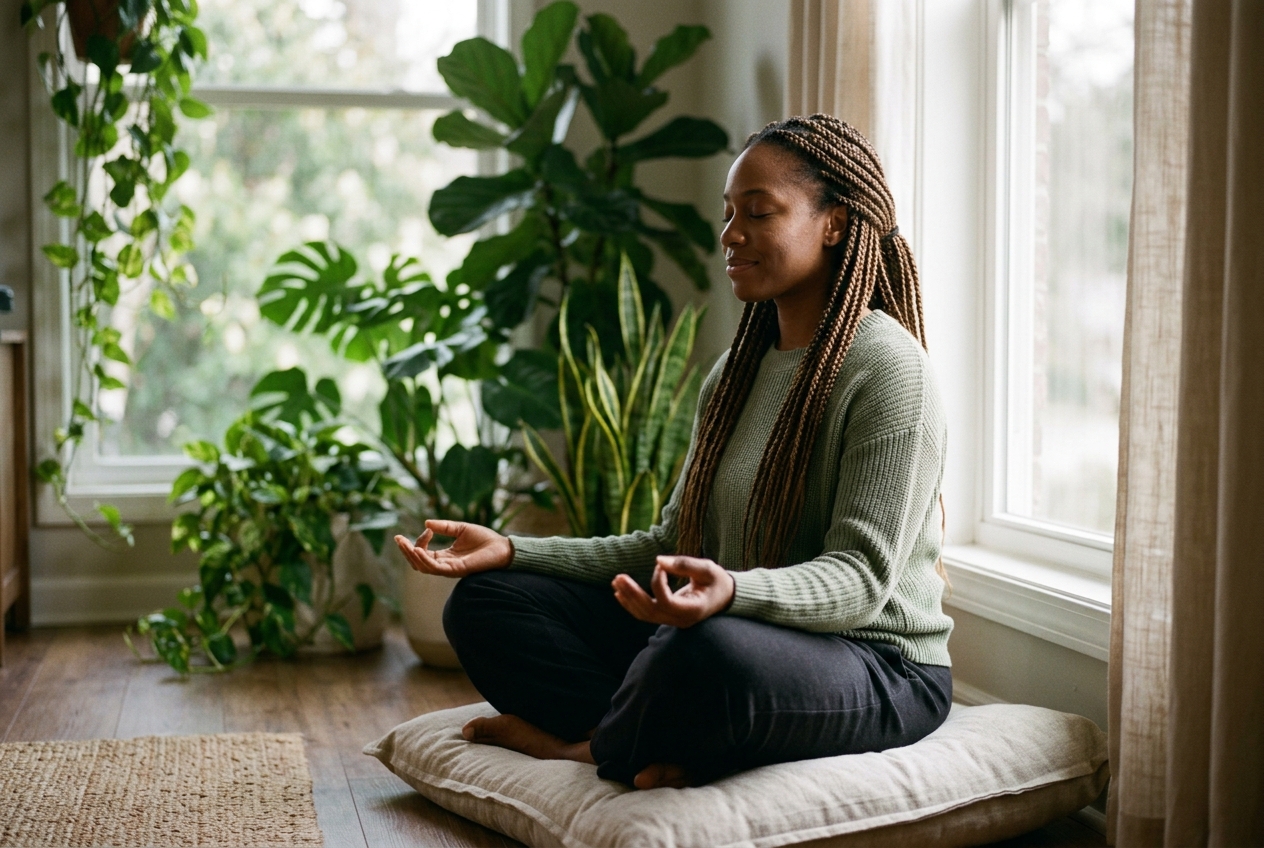 A woman with deep skin and braided hair meditating peacefully by a sunlit window.