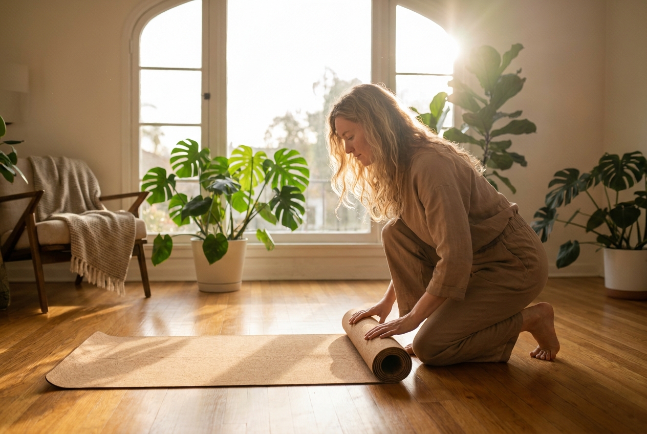 A woman unrolls a cork yoga mat in a sunlit, plant-filled living room.