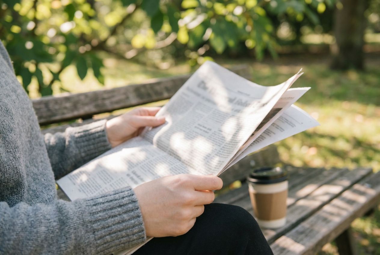 Hands relaxed on a park bench holding a folded newspaper in soft midday sunlight