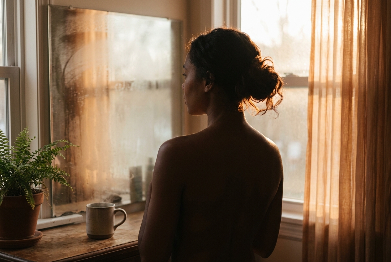 A person's calm silhouette facing a sunlit mirror in a warmly lit room