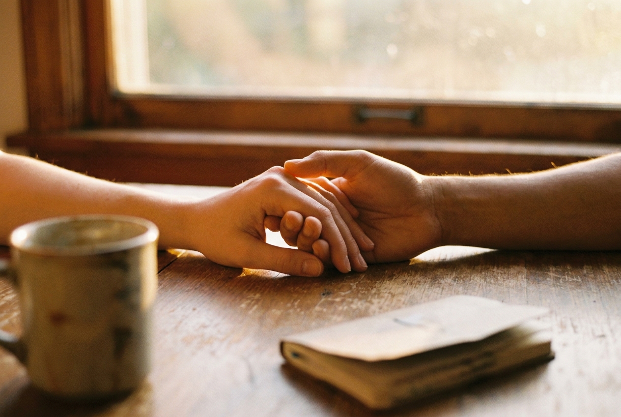 Two hands loosely clasped together on a table at golden hour