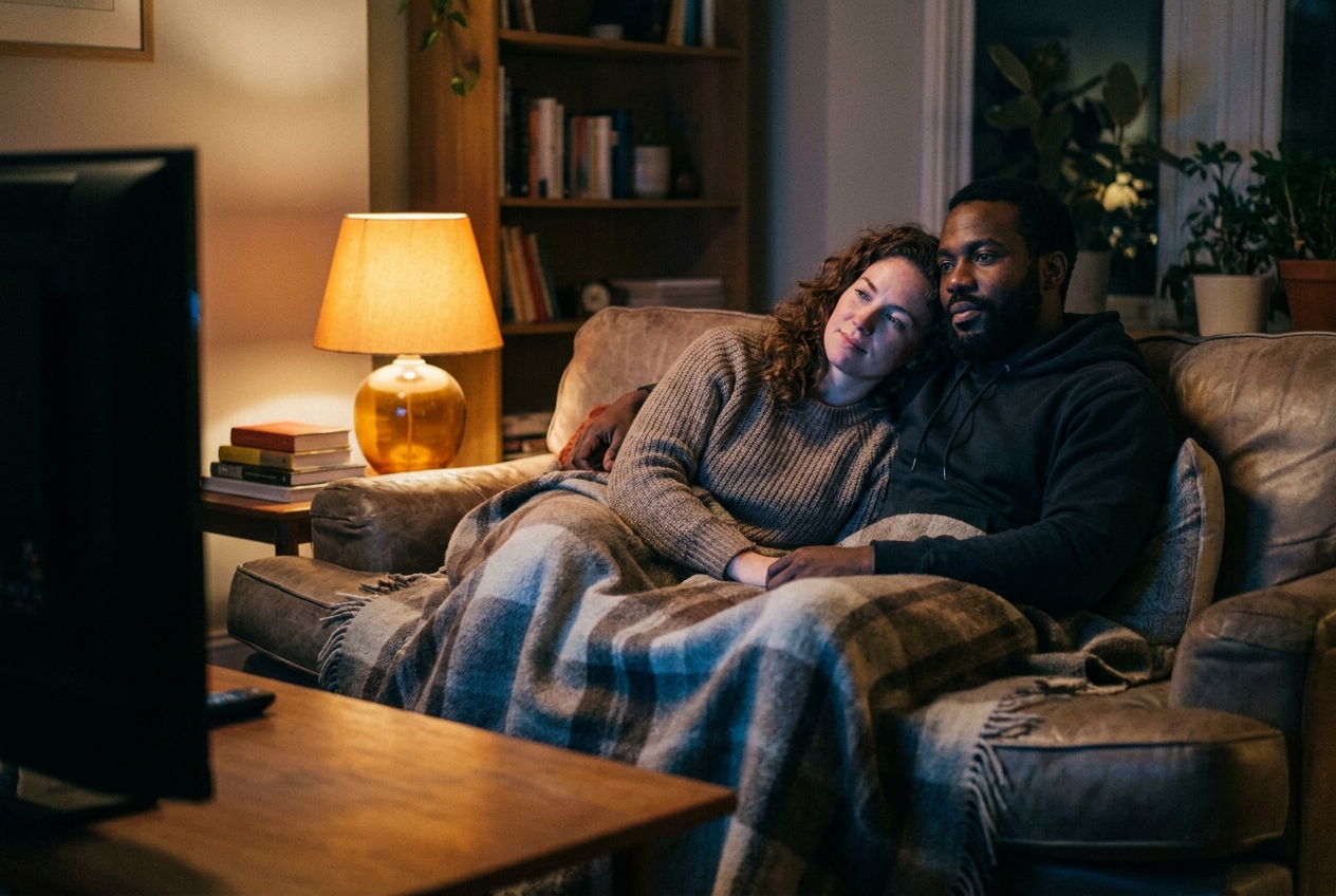 Couple cuddled under a blanket on a couch, relaxed and close together