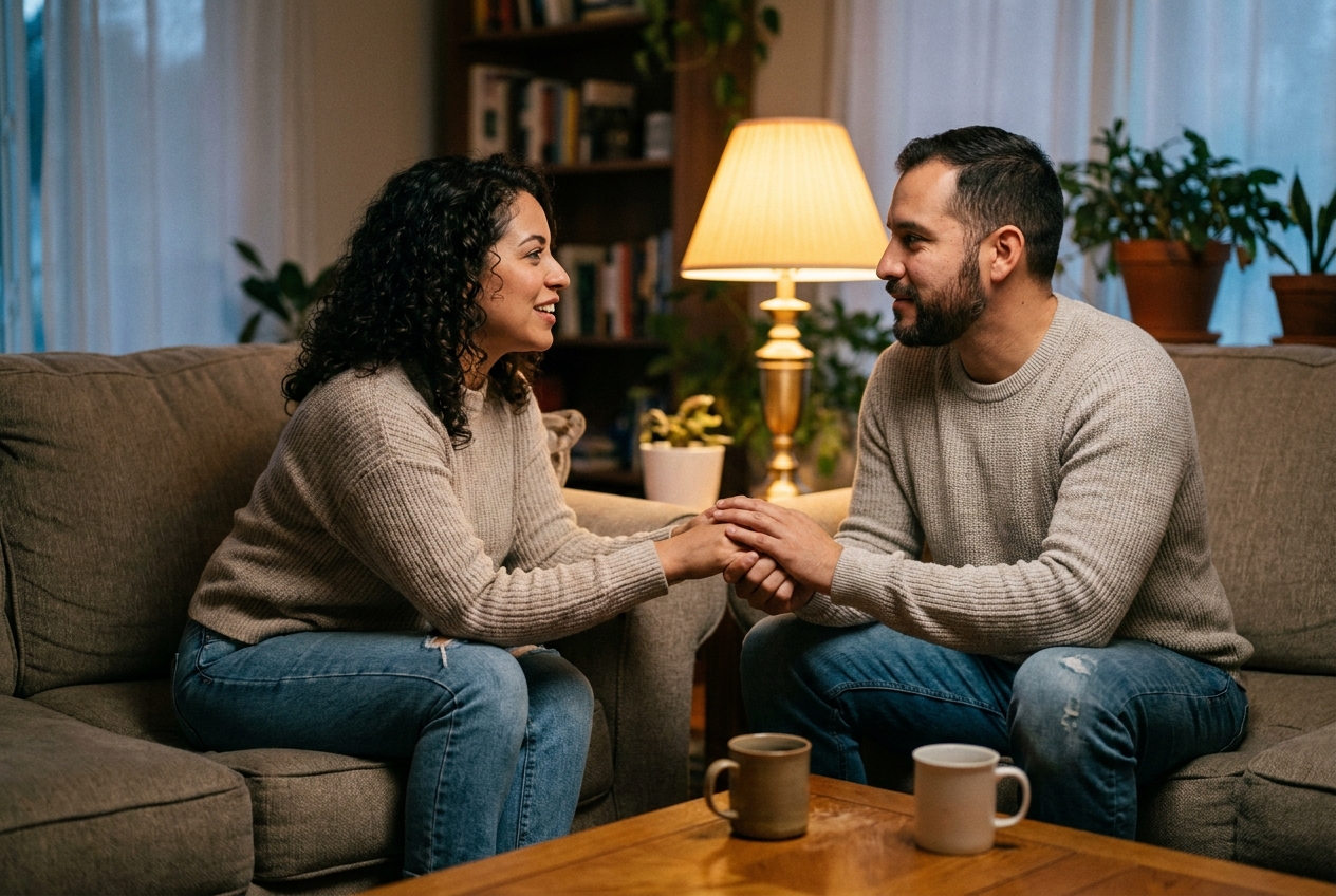 Couple sitting close together on a sofa having a private conversation at home