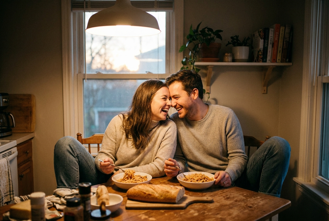 Couple laughing together over a simple meal at a kitchen table