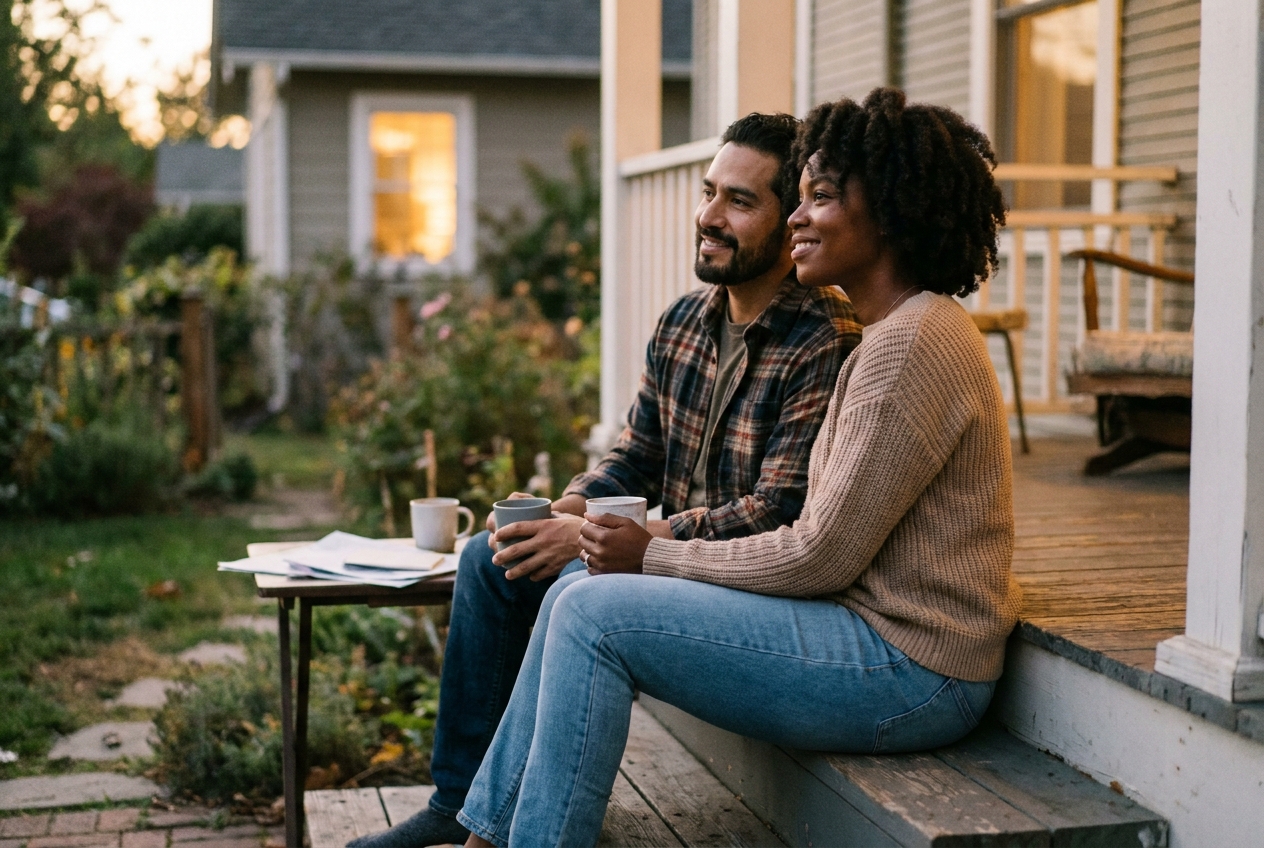 Couple sitting close together on a porch step at dusk, relaxed and at ease