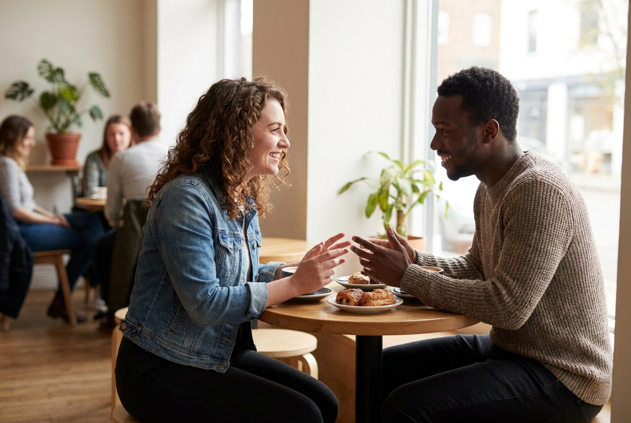 Two people talking and smiling over coffee at a sunlit cafe table