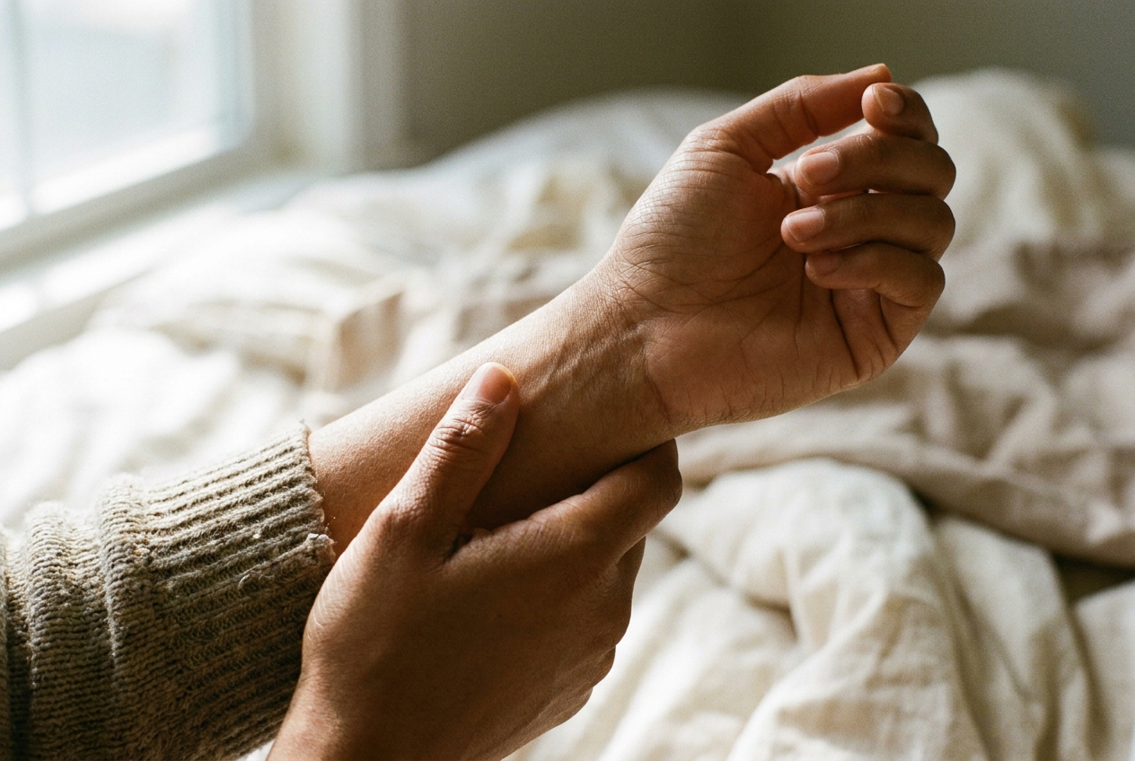 Close-up of a hand resting gently against a forearm in soft light