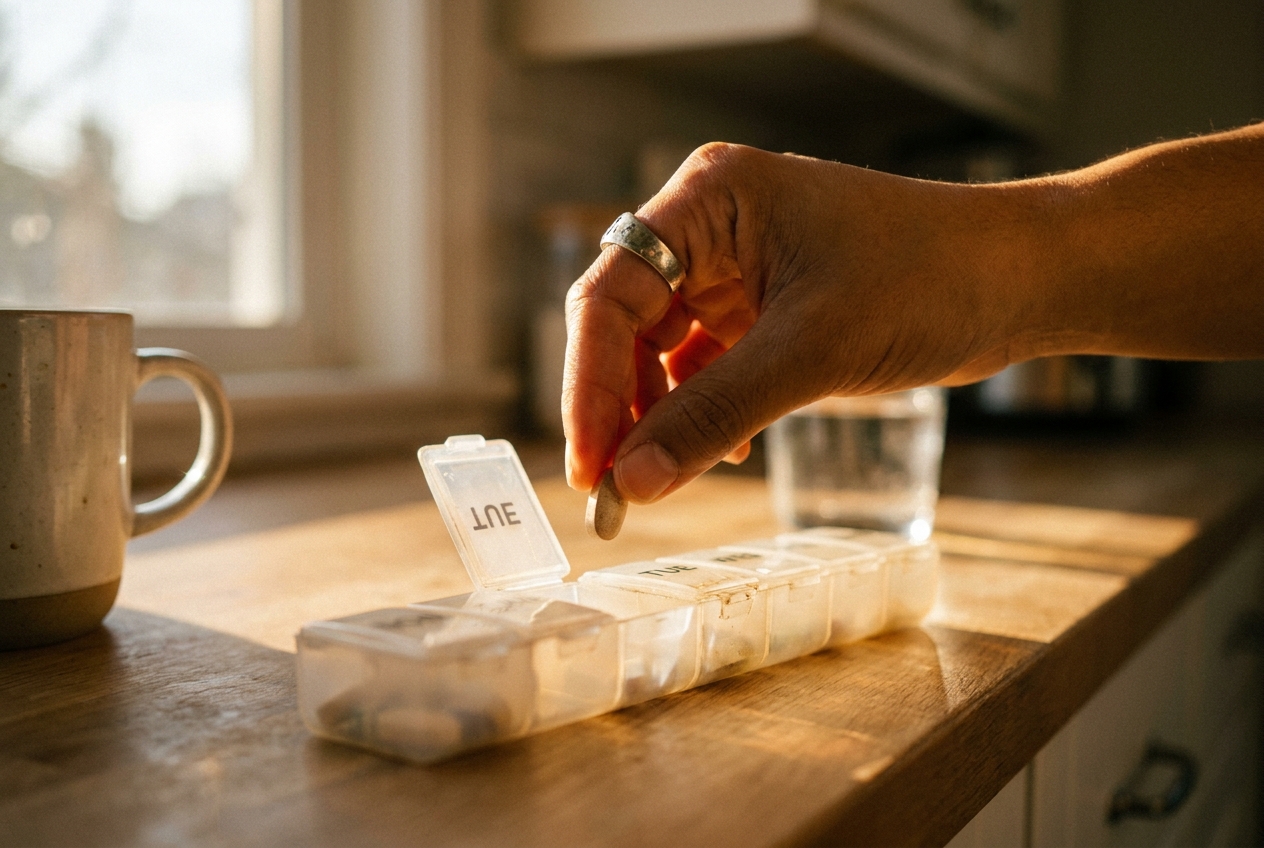 Hand placing a pill into a weekly organizer on a kitchen counter