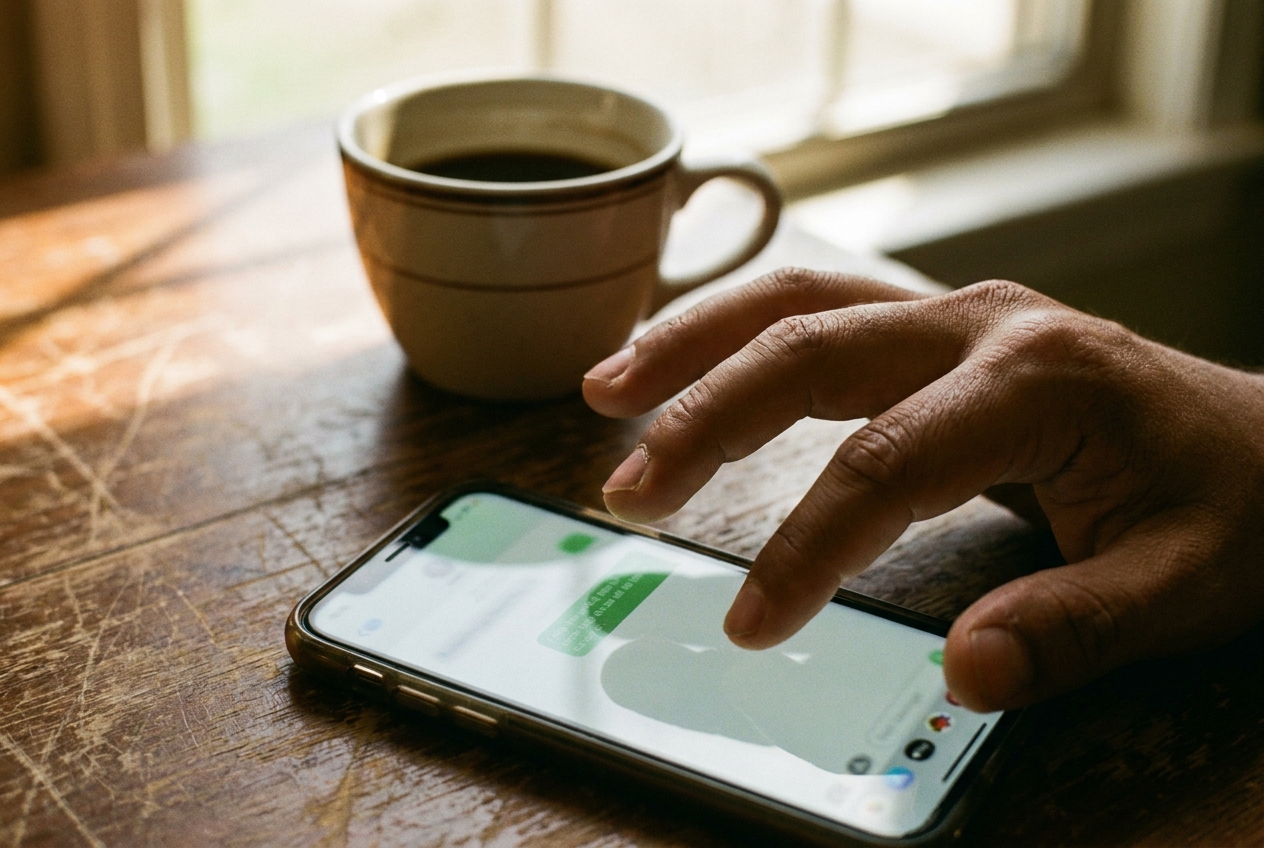 Close-up of hands typing an honest message on a phone at a cafe table