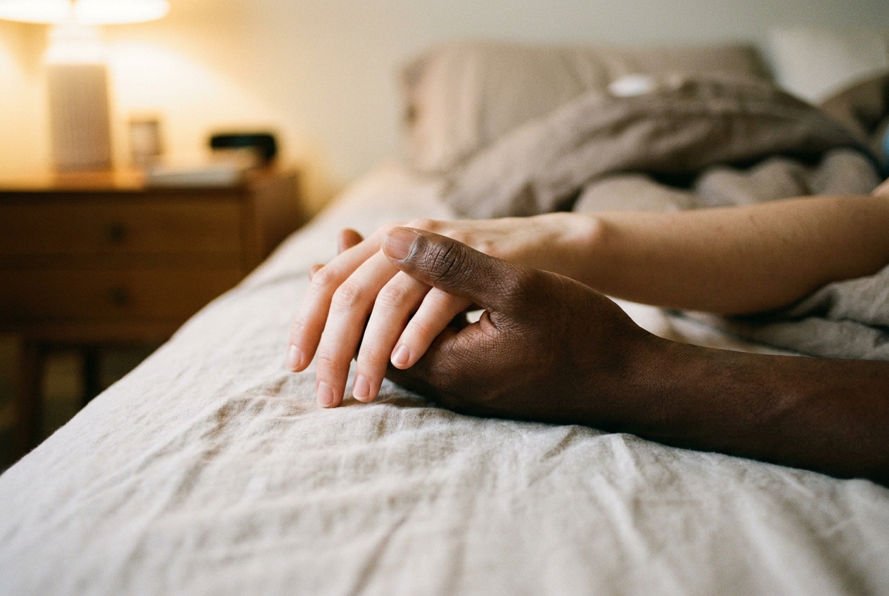 Two hands loosely intertwined resting on a bed sheet