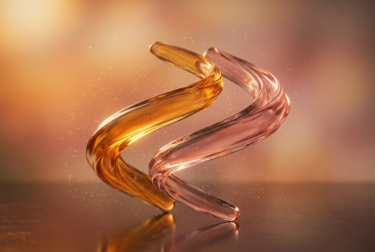 Two translucent glass ribbon shapes, one amber and one rose, gently intertwining against a warm background