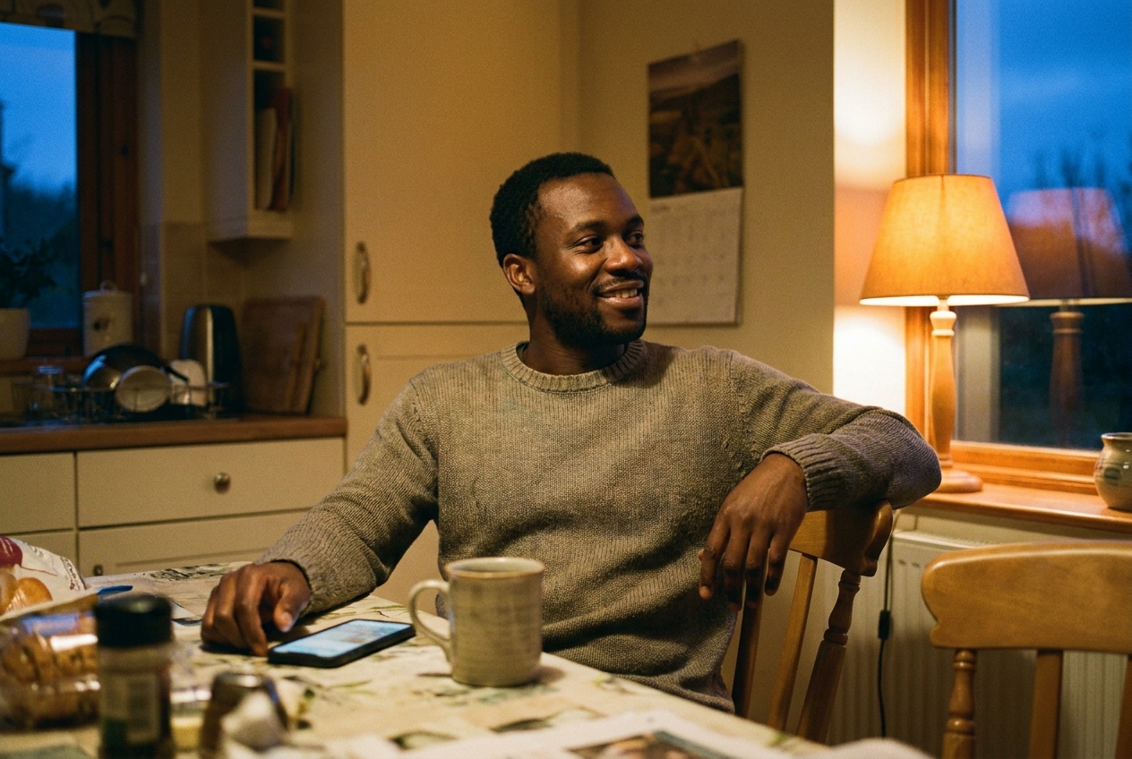 Man sitting at his kitchen table smiling gently, phone resting beside him