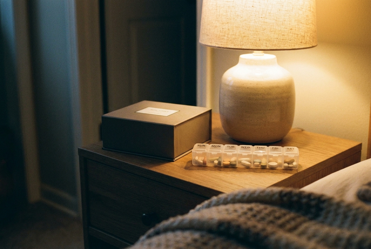 A box of condoms and a pill organizer together on a nightstand