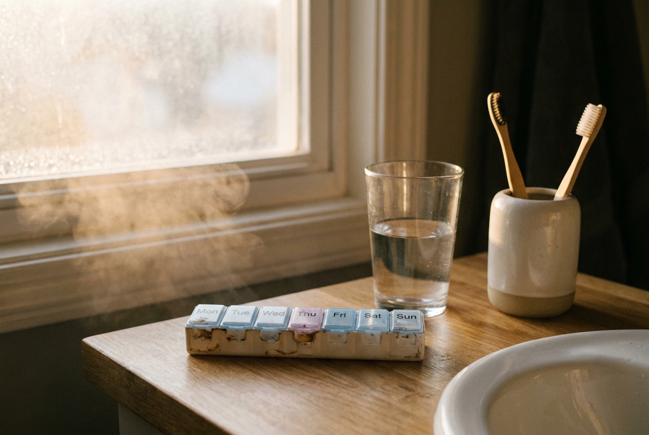 A pill organizer and glass of water on a shared bathroom counter
