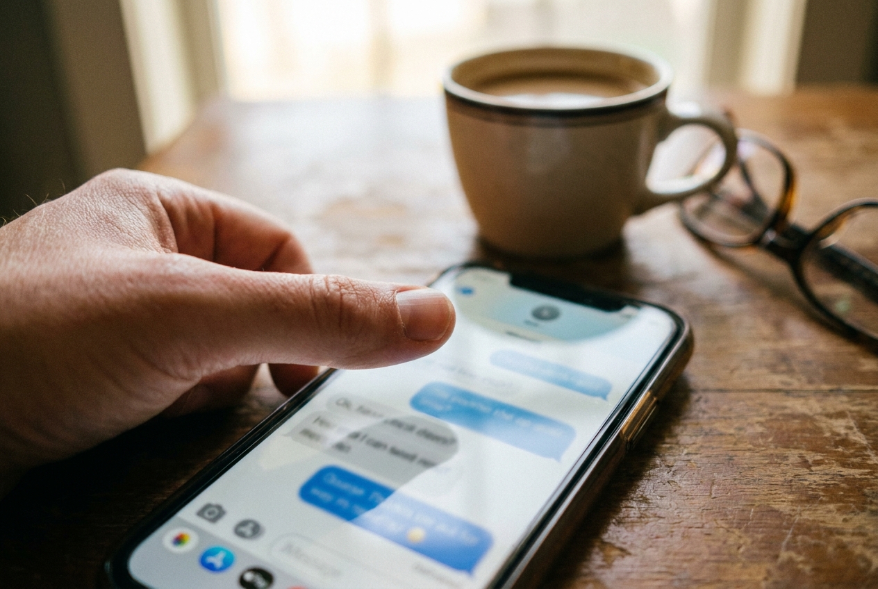 Close-up of a thumb hovering over a phone screen with a blurred chat interface