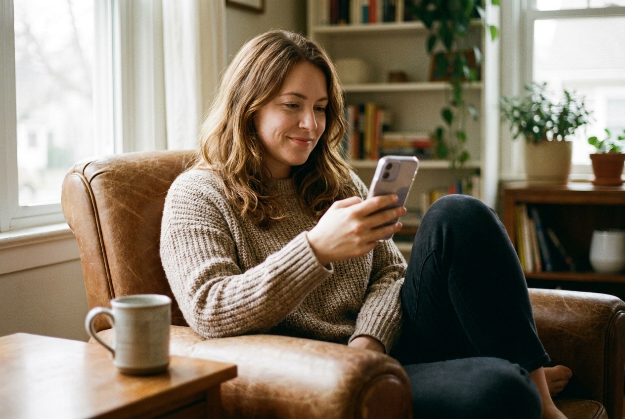 Woman relaxed on an armchair looking at her phone with a calm expression