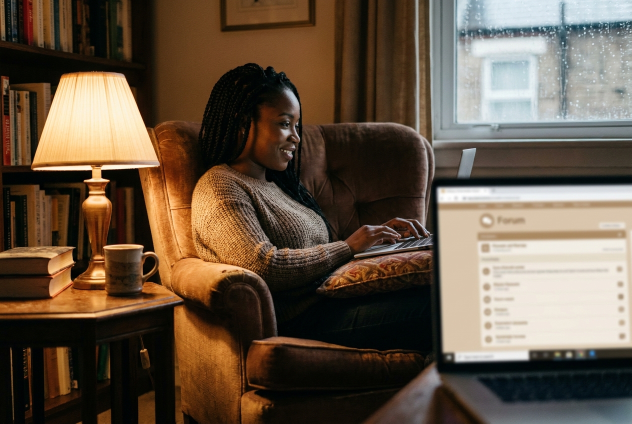 Woman on a couch browsing a community website on her laptop in the evening