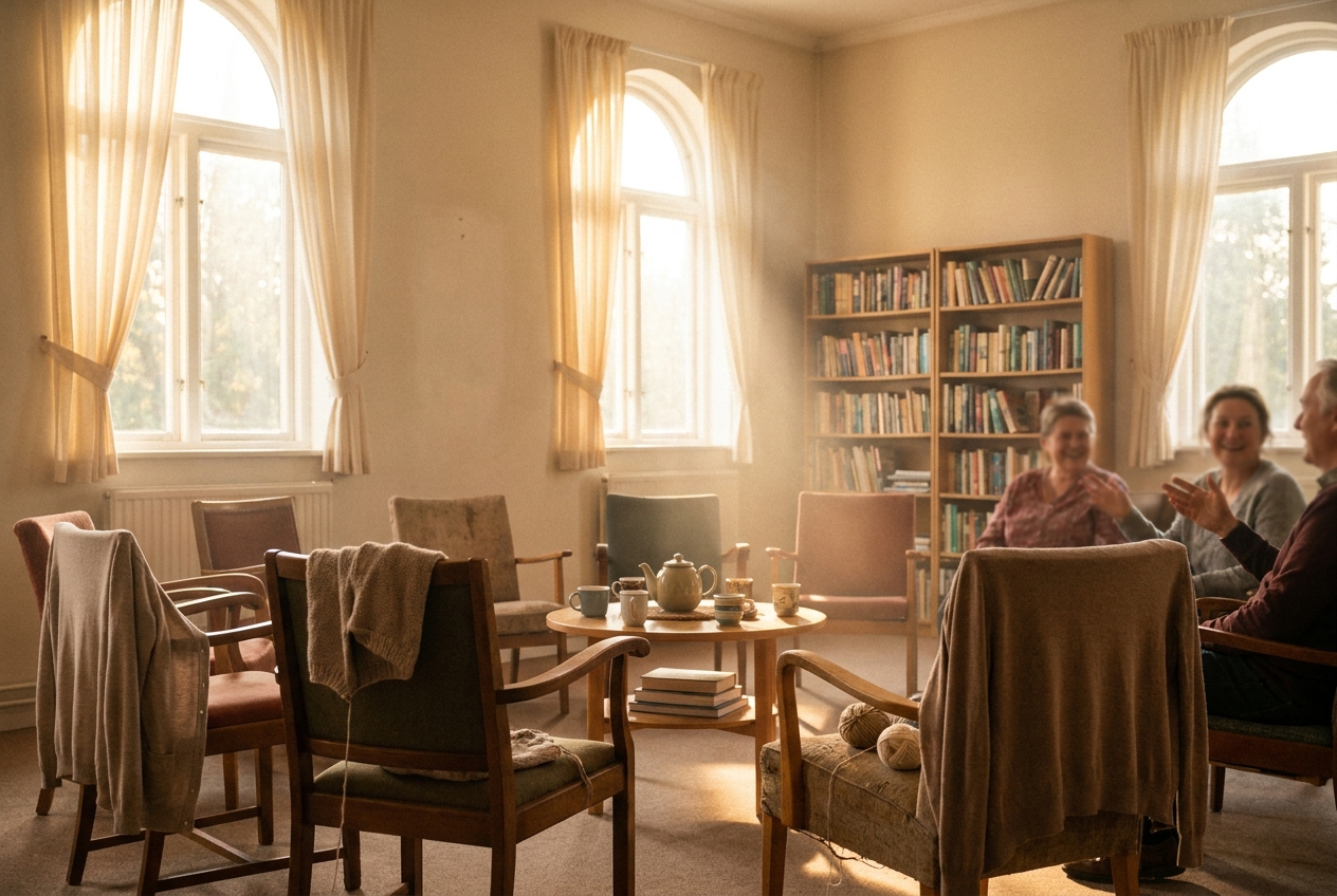 Circle of chairs in a sunlit community room set for a support gathering