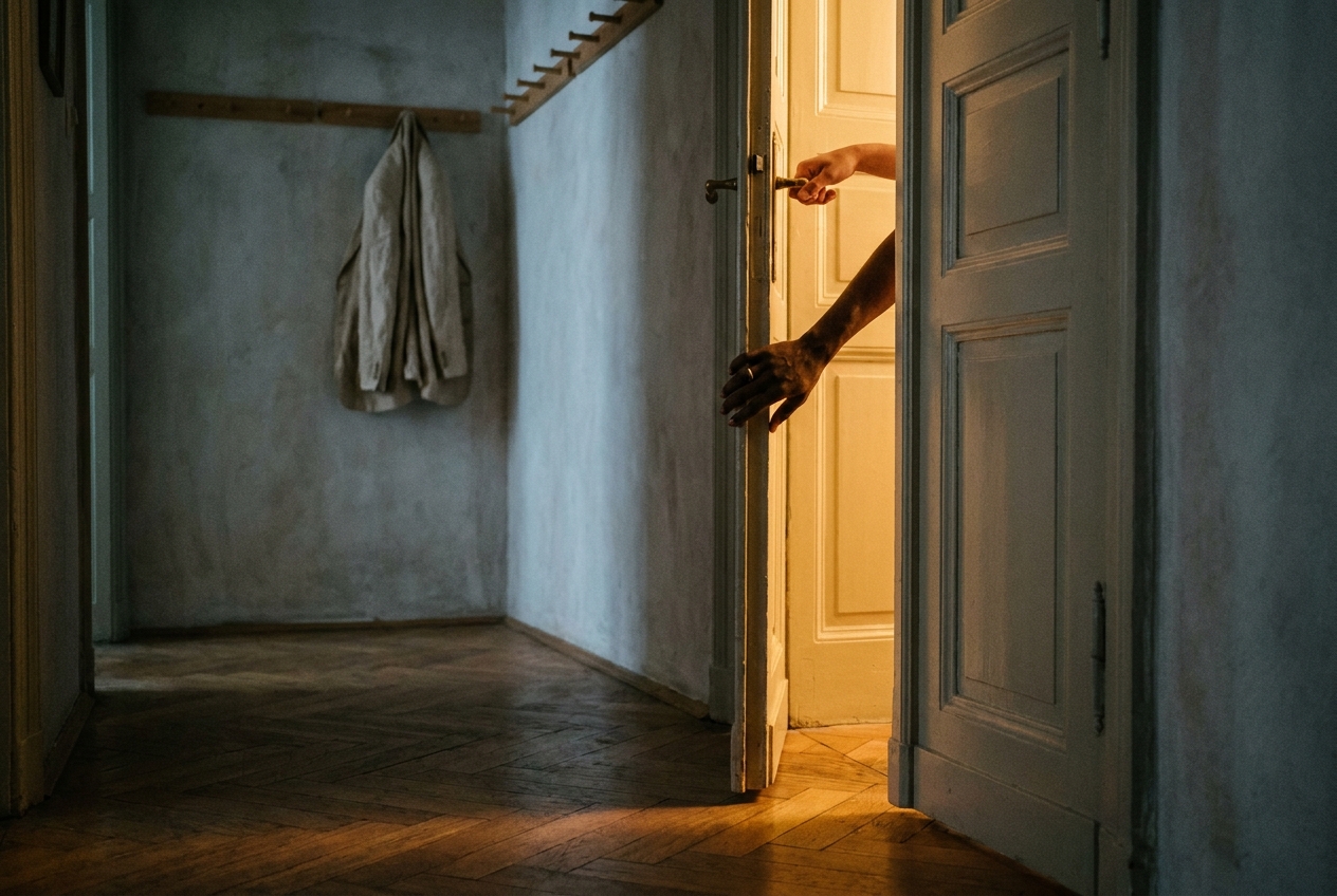 Warm light spilling through a half-open door as two hands meet at the frame